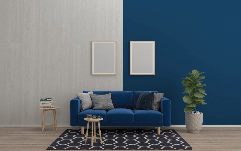 An image of a blue-themed living room