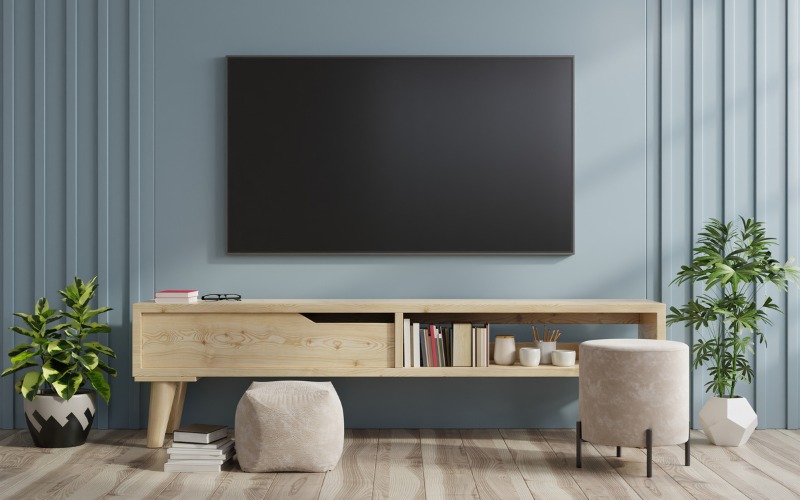 An image of a TV console with built-in compartments