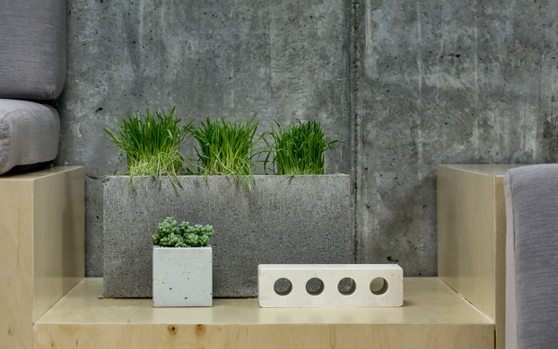 Image of a living room with concrete decorations