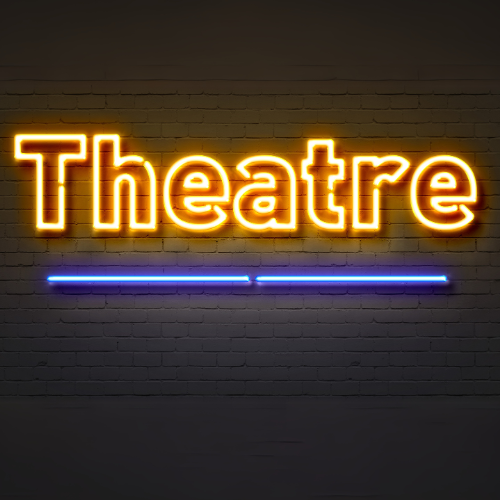 Small image of a neon sign in a room that says “theater”