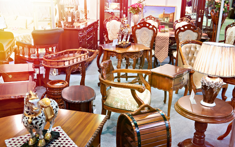 Thrift store with second-hand furniture displays