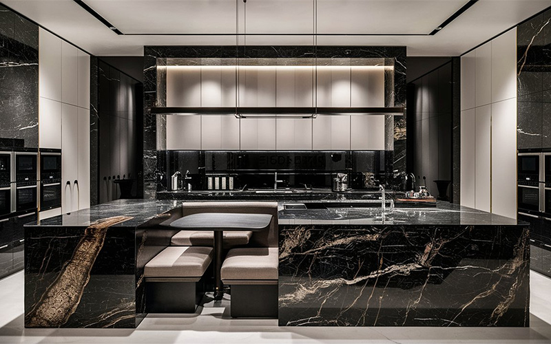 A black marble countertop with gold resin