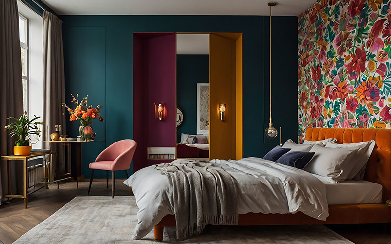 Image of a bedroom with colourful decor