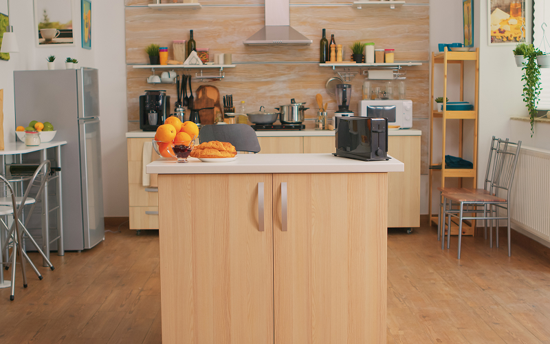 Image of a kitchen island with built-in shelves