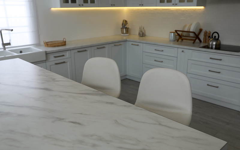 Image of a marble top kitchen island