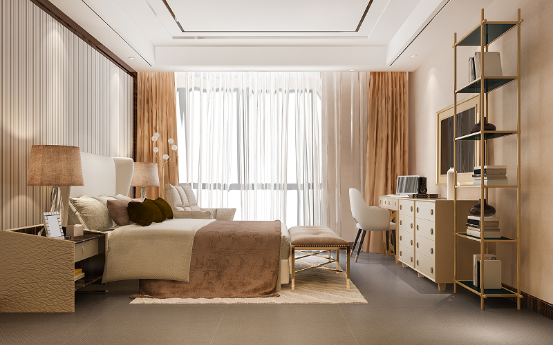 A stock photo of a bedroom with luxurious linens.