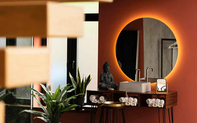 A stock photo of a spa-style bathroom.