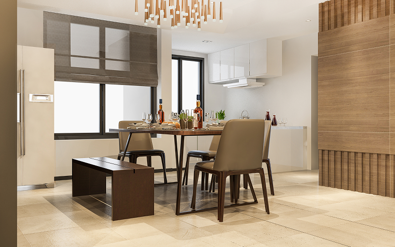 A stock photo of an open-concept kitchen and dining area.