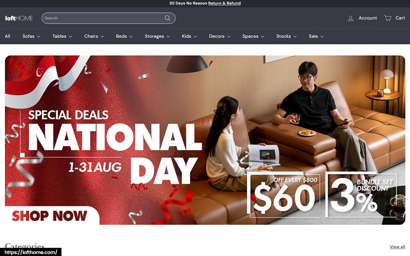 An image of Loft Home’s website’s homepage.