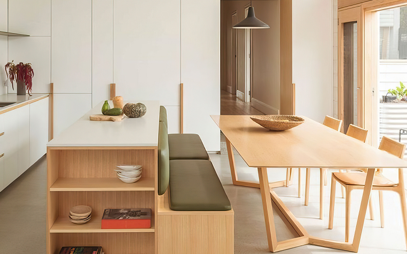 A stock photo of a compact dining-kitchen.