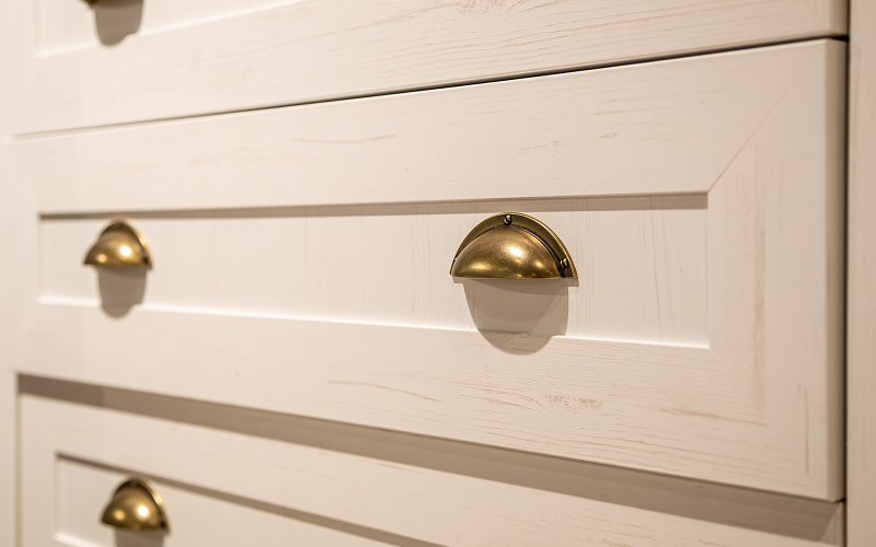 Close-up of drawer hardware