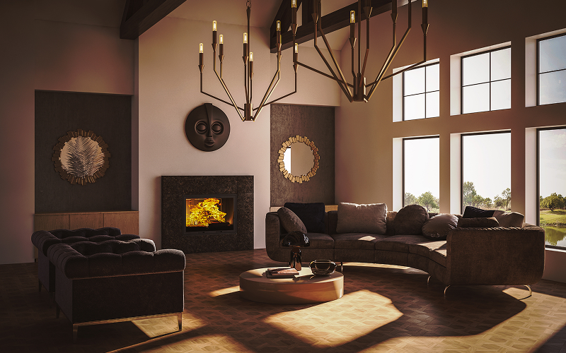 A contemporary living room with a dramatic chandelier above the seating area