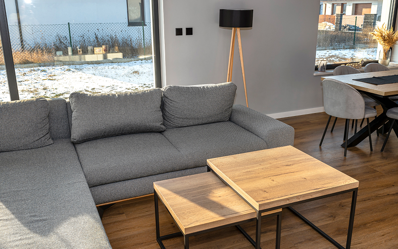 A modular sofa with storage coffee table in a compact apartment