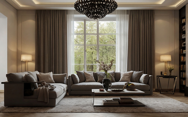 A cosy HDB living room with a velvet sofa, layered curtains, and a chandelier as a centrepiece.