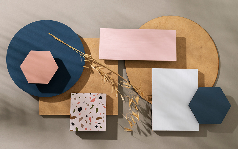 A stock photo of a moodboard flat-lay with paint chips.