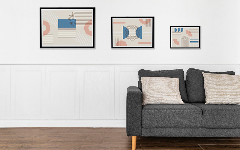 art hung inside of a minimalist living room.