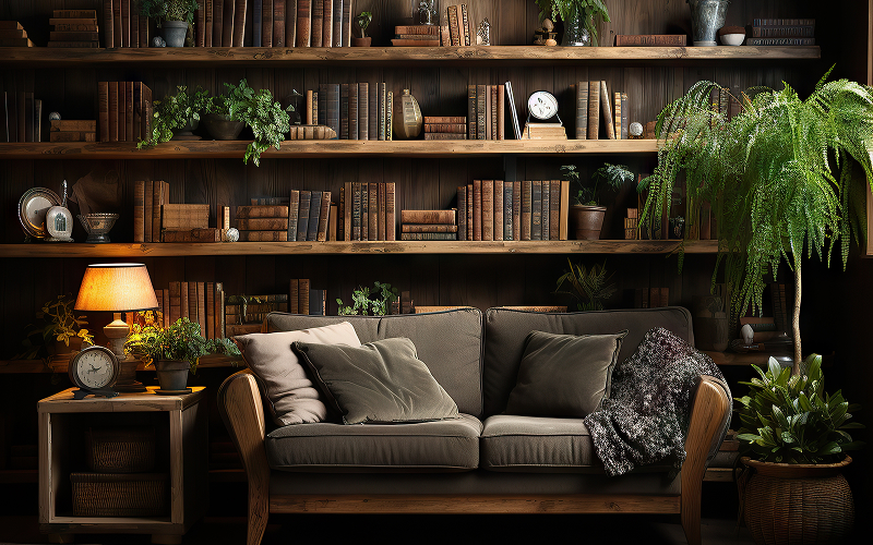 A dark wooden bookshelf
