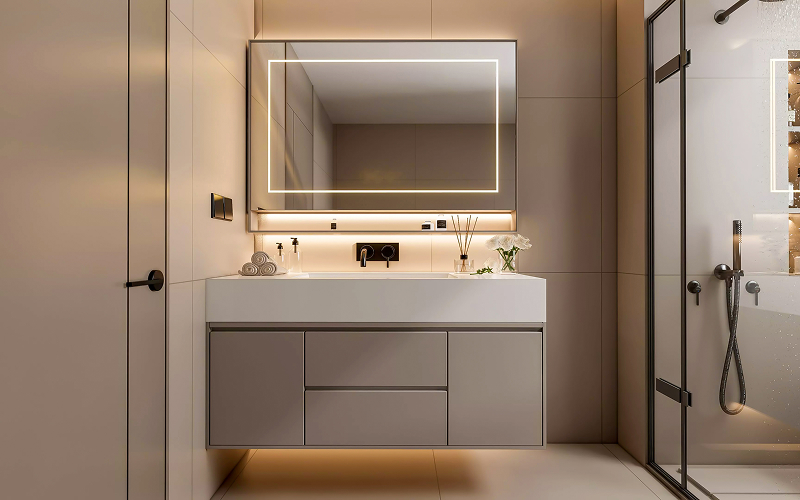 A large bathroom mirror