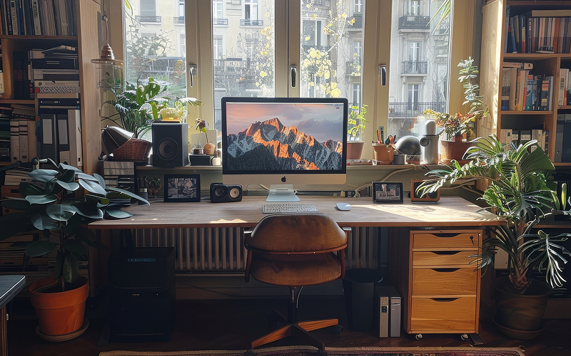 A study room with vintage artwork