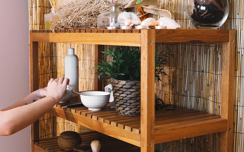 Bathroom bamboo shelves