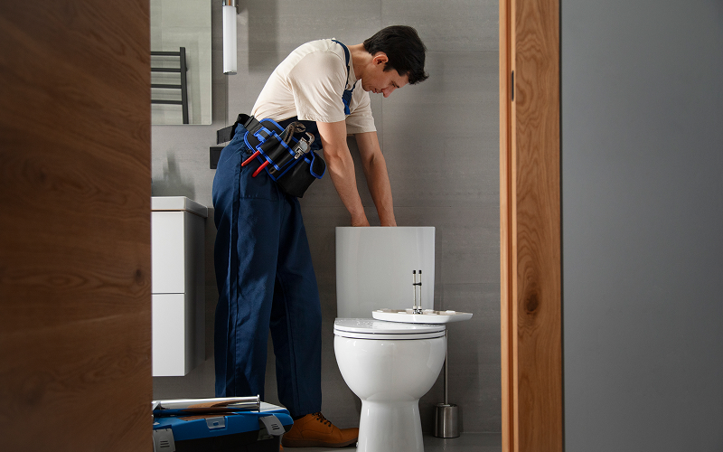 a person installing a toilet