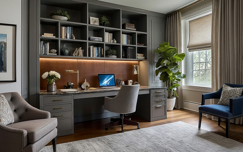 a home office area with modular furnishings