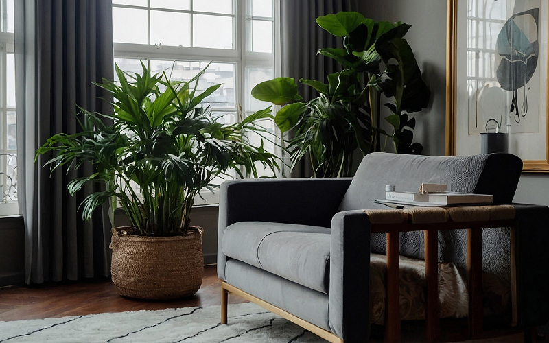 a living room decorated with plants