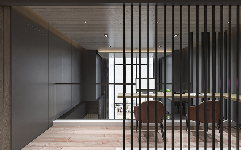 a metal room divider in a industrial-like designed living room