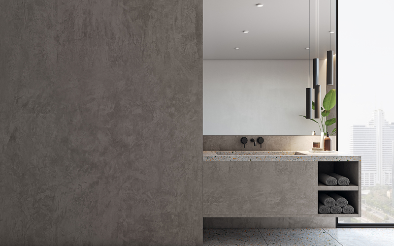 a textured wall and modern finish inside a bathroom