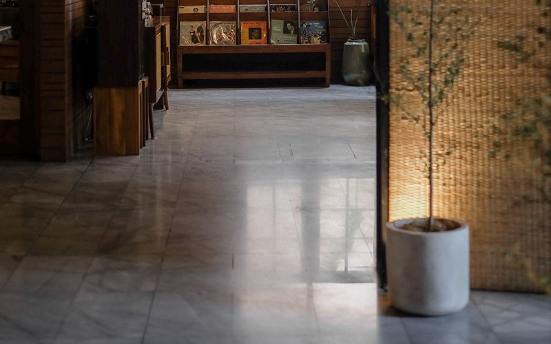 a terrazzo-floored interior area