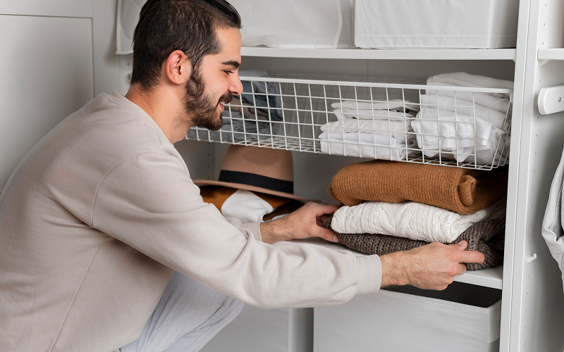 Image of a person putting away clutter in a storage bed