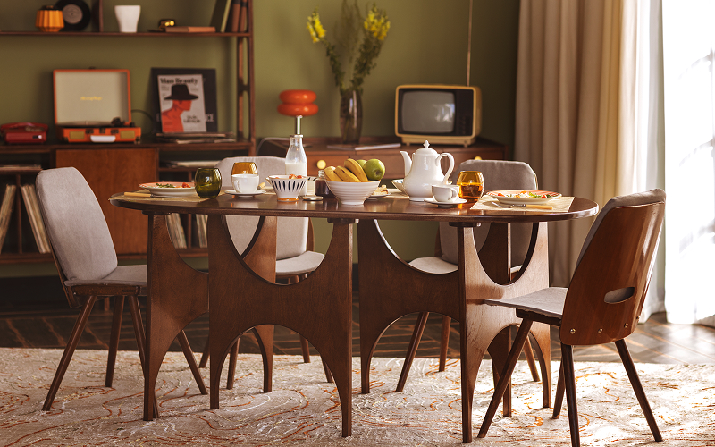 a clean, ageing-look of dining area with color-contrasting elements