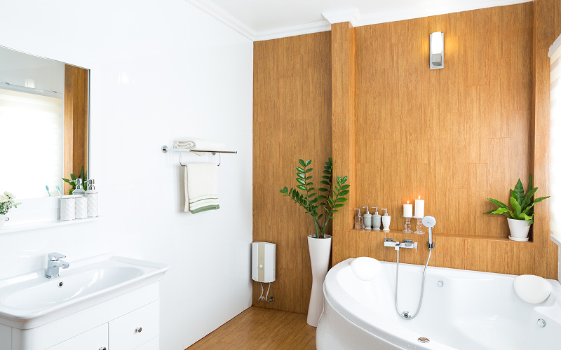a sophisticated bathroom with wood accents